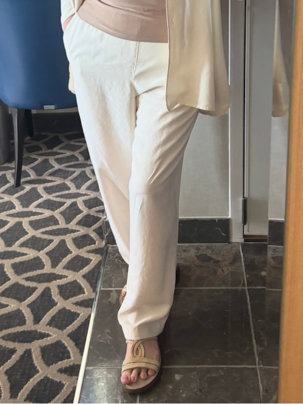 100% silk ivory Elastic Waist Wide Leg Pants with pockets